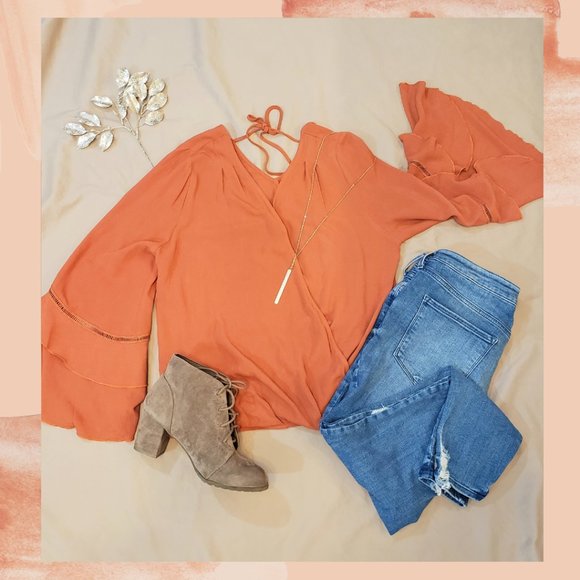 Burnt Orange Ruffle Bell Sleeve Surplus Blouse - Picture 3 of 6